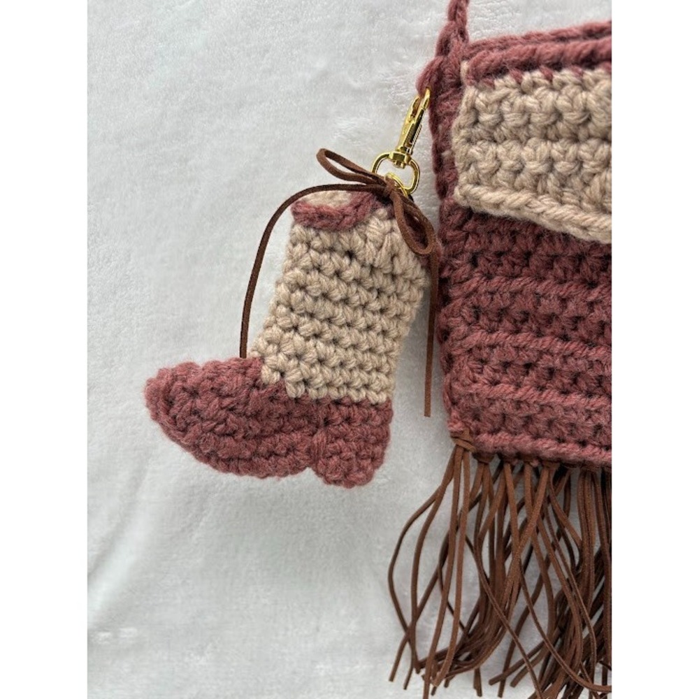 Handmade Crochet Pink Crossbody Purse with Fringe and Cowboy Boot - Picture 4 of 8